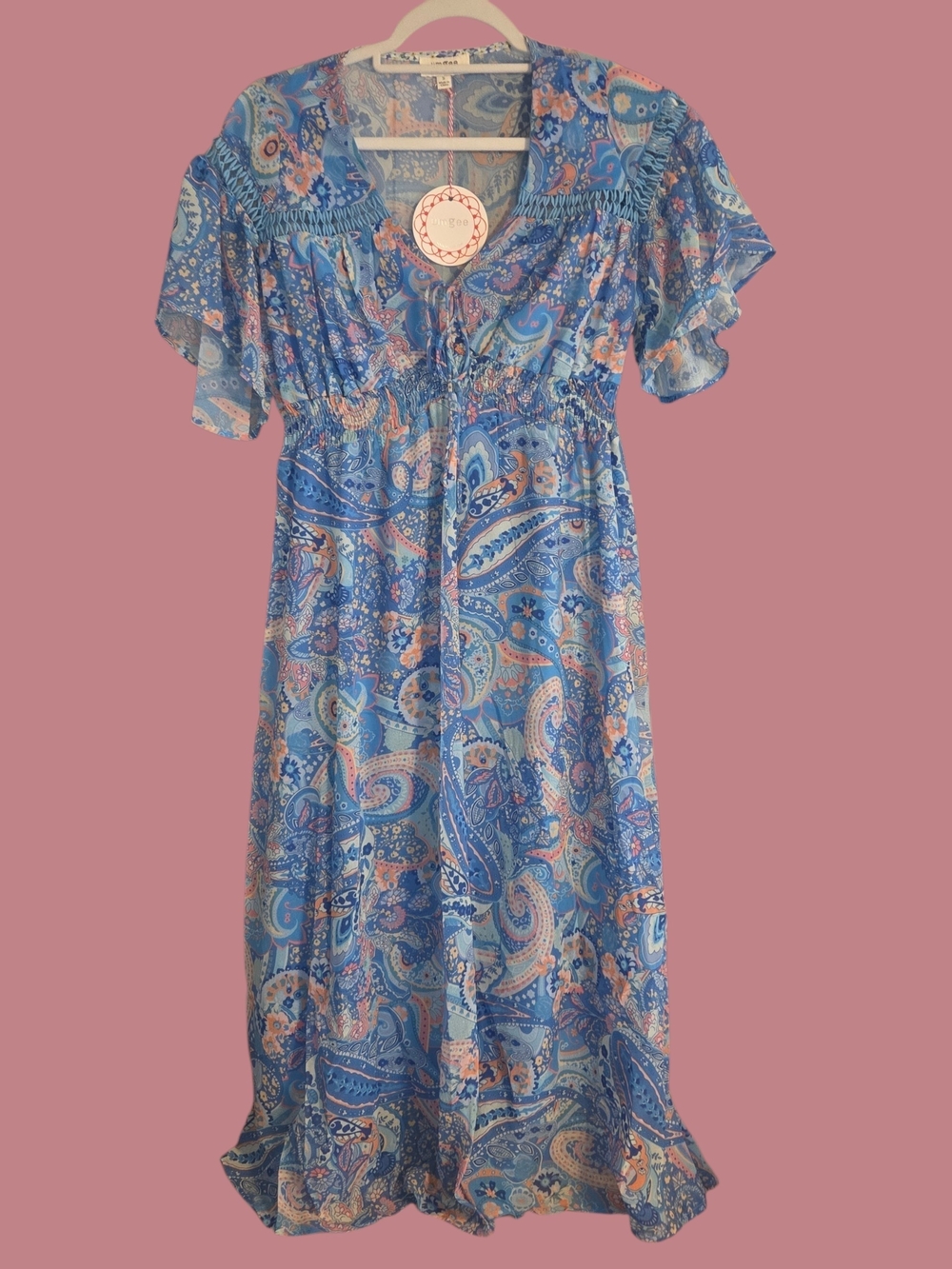 Umgee Blue Paisley Maxi Dress with Pink Accents